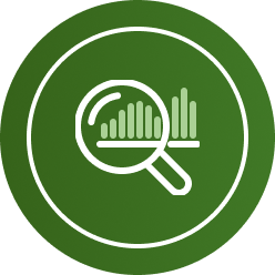 Portfolio icon of green magnifying glass and bar graph.