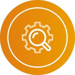Regulatory icon of orange magnifying glass and gear.